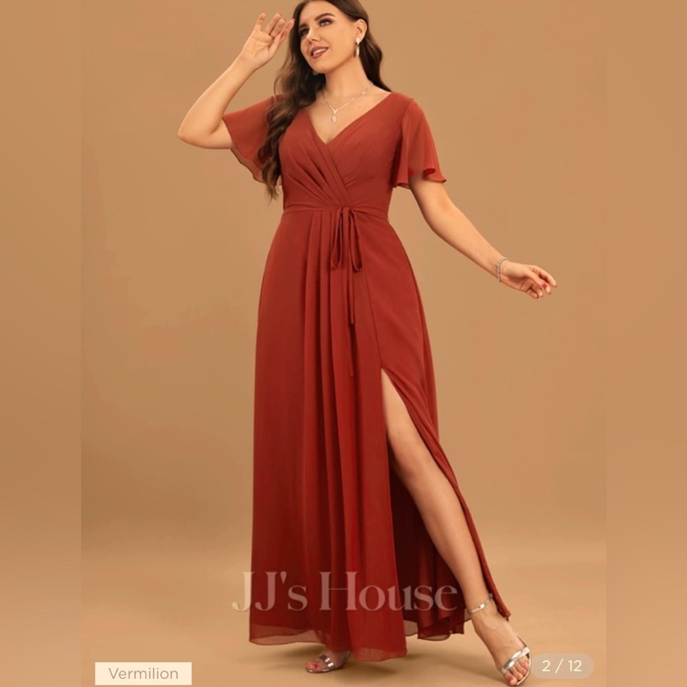 JJ’s House Bridesmaid Dress, A-Line V-neck Floor Length Chiffon, Color Vermilion
